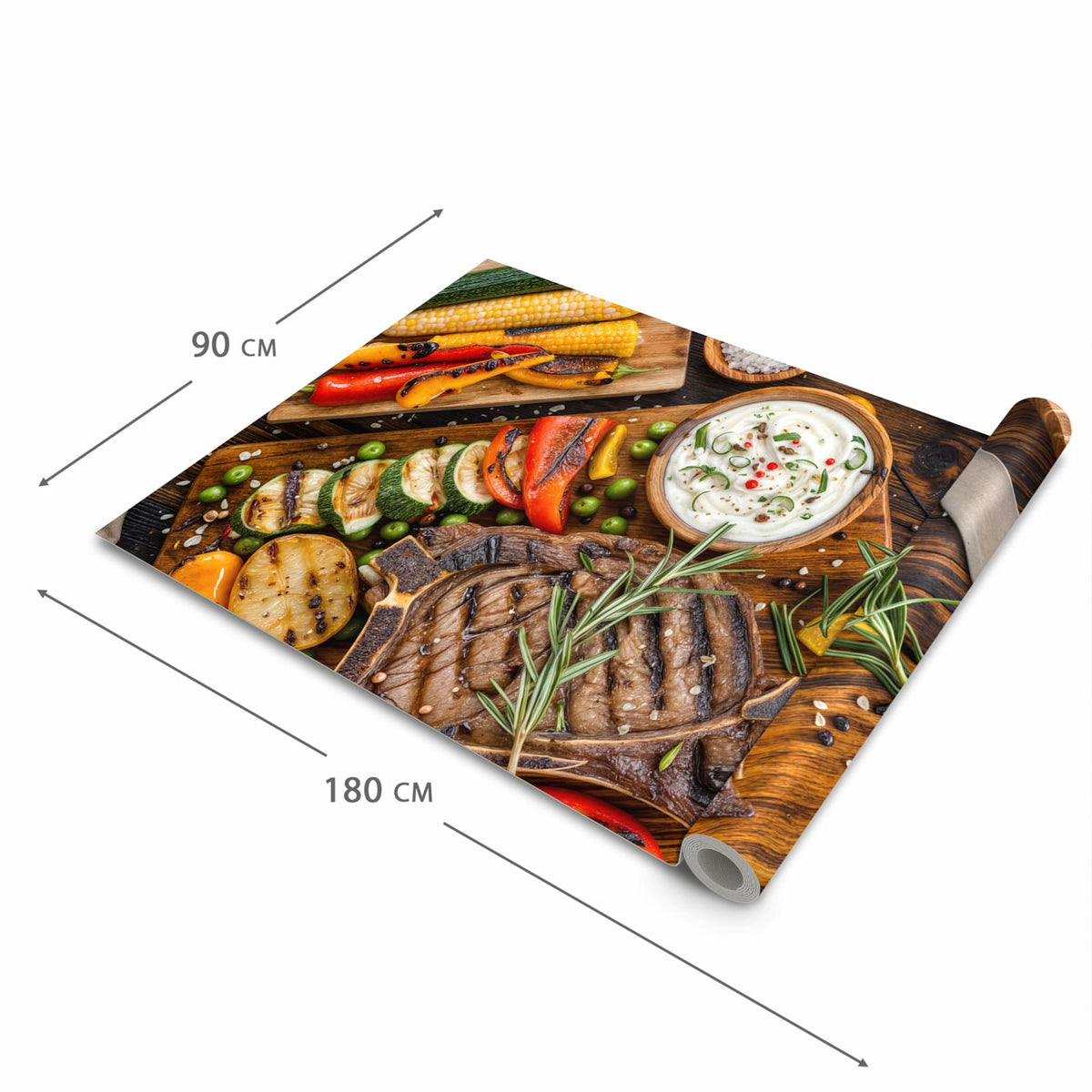 Zeitsparender Küchenläufer mit Motiv Grillmahlzeit in der Grösse 80x250 cm