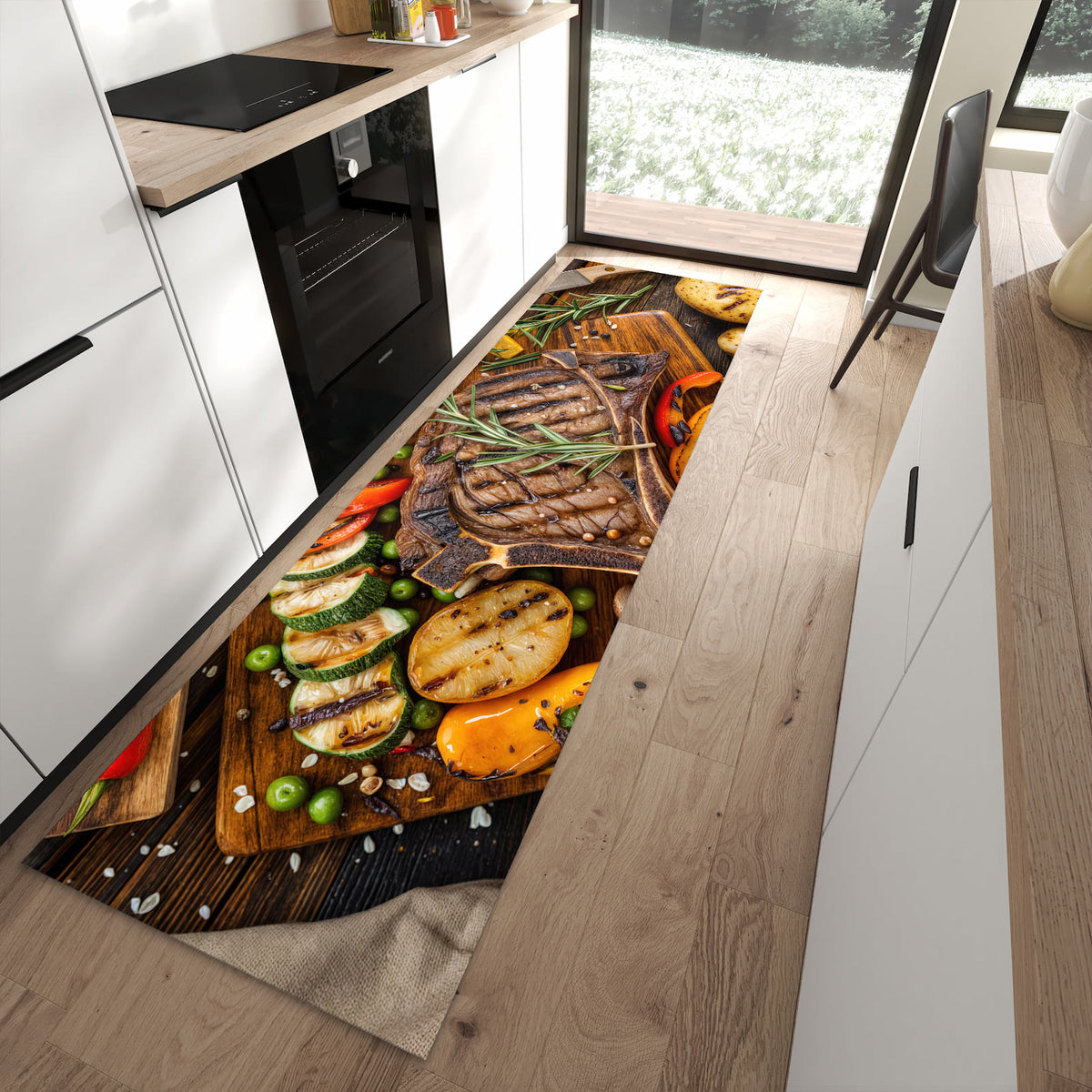 Langlebiger Küchenvorleger mit Motiv Grillmahlzeit in moderner Küche