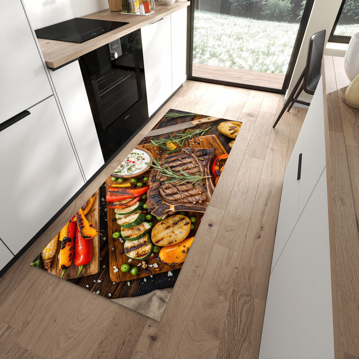 Strapazierfähiger Küchenläufer mit Motiv Grillmahlzeit in moderner Küche