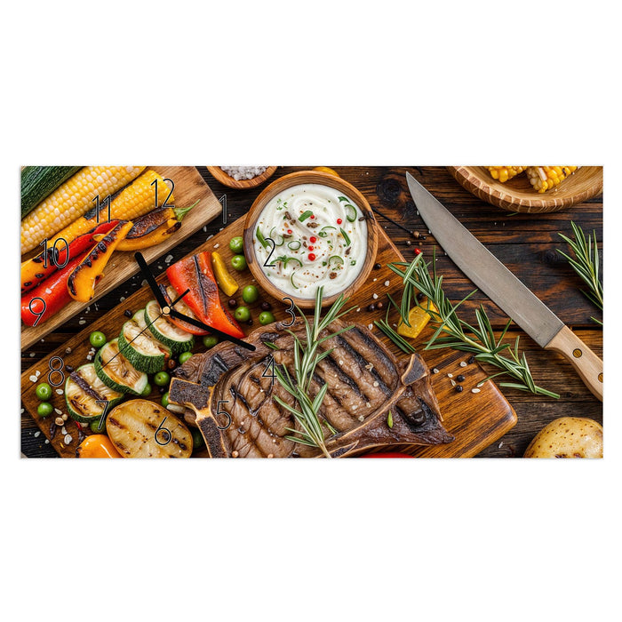 Wanduhr Grillmahlzeit aus Glas – Querformat 60 × 30 cm mit Ziffernblatt Elegant