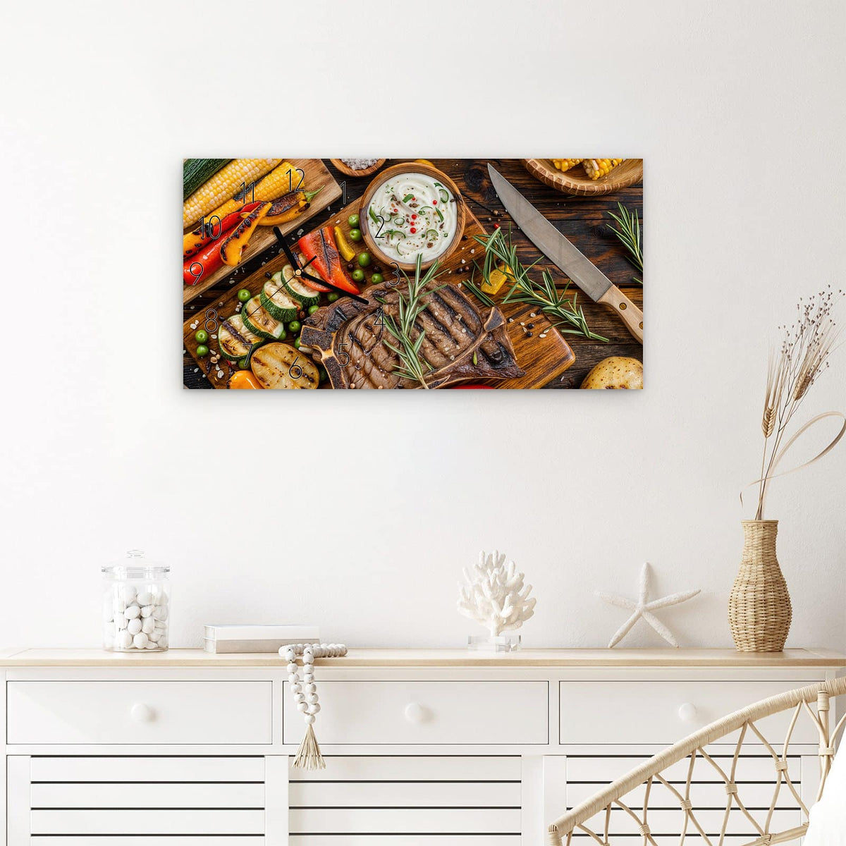 Wanduhr Grillmahlzeit aus Glas – Querformat 60 × 30 cm – Gegrilltes Gemüse und Fleisch