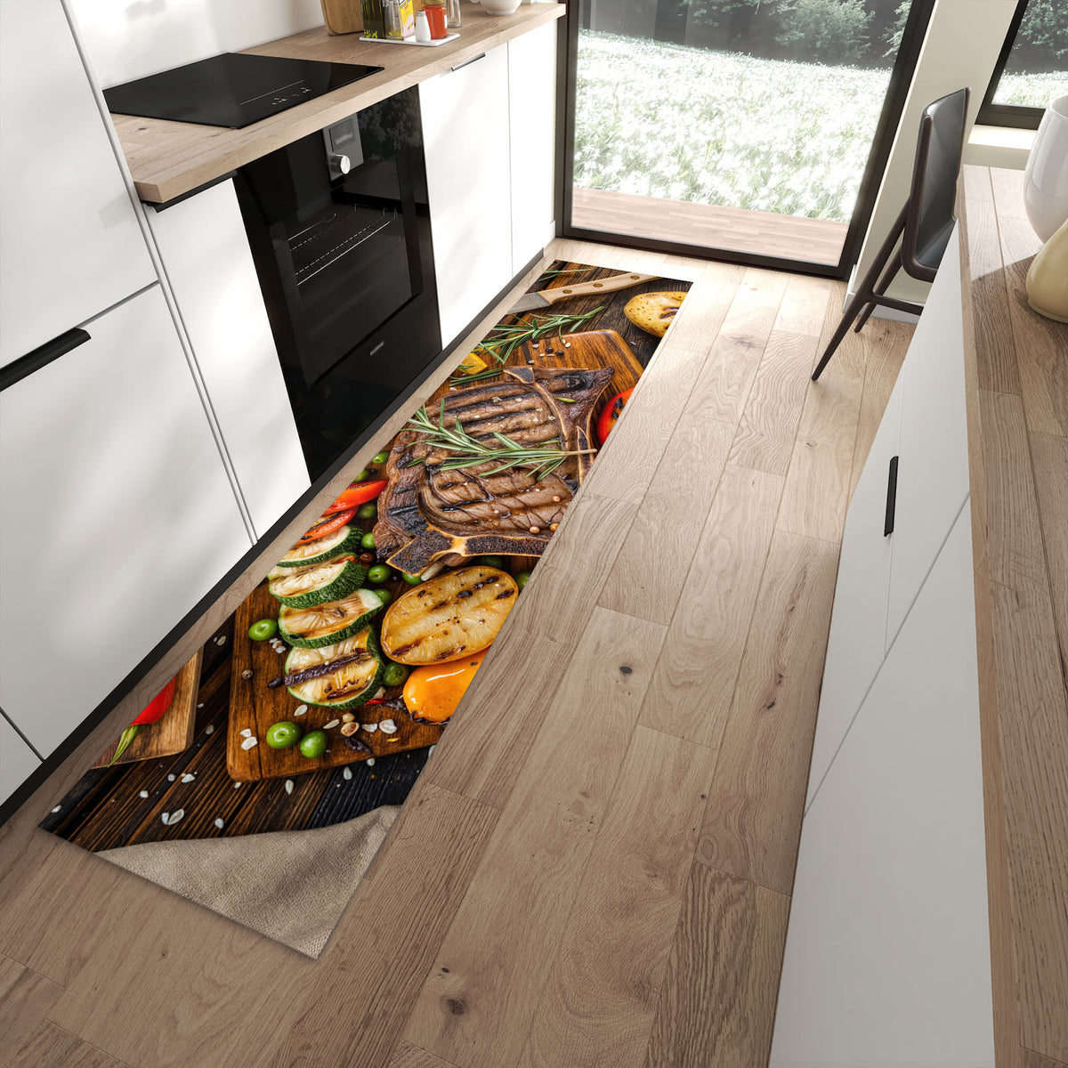 Pflegeleichter Küchenteppich mit Motiv Grillmahlzeit in moderner Küche