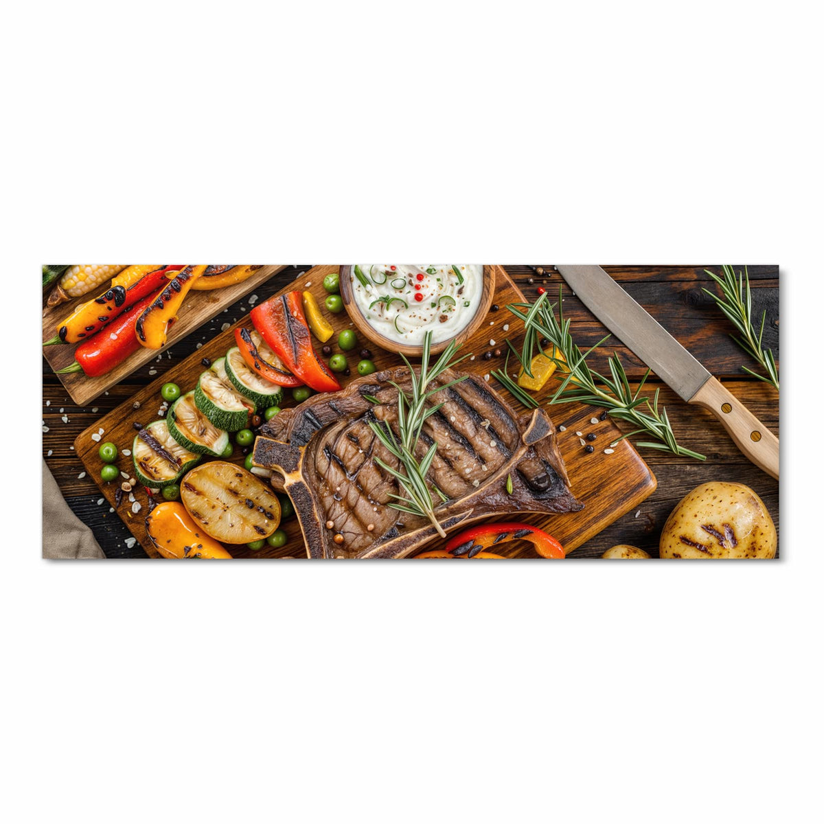 Bodenschonender Küchenteppich mit Motiv Grillmahlzeit in Frontansicht