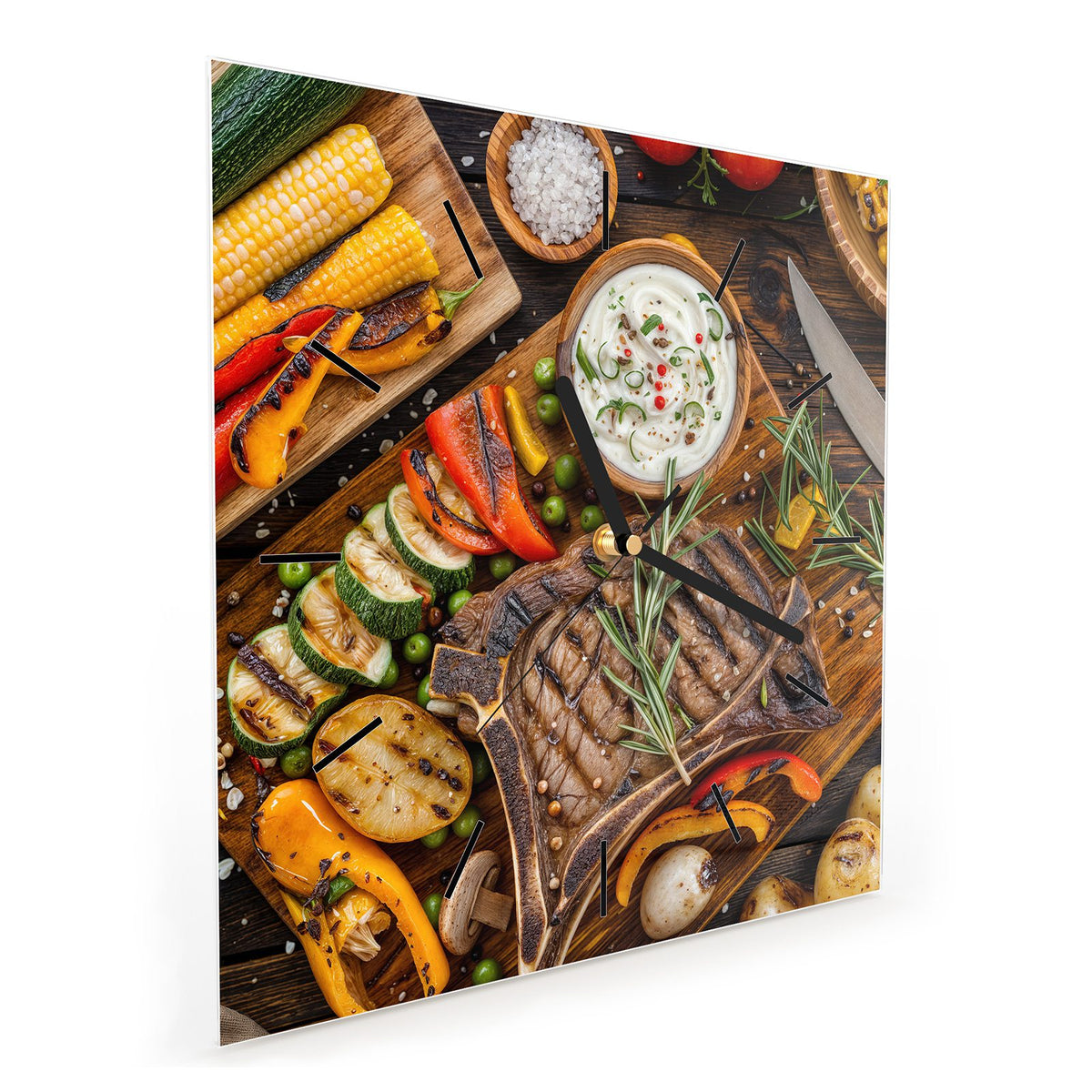 Quadratische Wanduhr aus Glas Steak mit Grillgemüse schräg von der Seite, 4 mm starkes Glas
