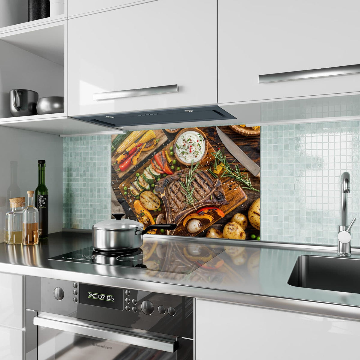 Küchenrückwand aus Glas Steak mit Grillgemüse im Hochformat als Spritzschutz hinter dem Kochfeld, über dem Fliesenspiegel montiert