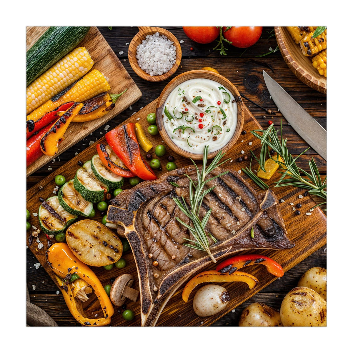 Küchenrückwand aus Glas Steak mit Grillgemüse im quadratischen Format, Motiv bildfüllend von vorn
