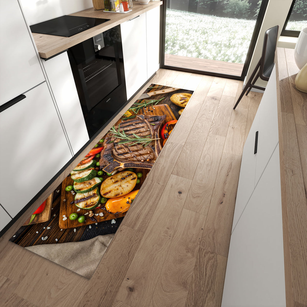 Rutschfester Küchenteppich mit Motiv Grillmahlzeit in moderner Küche
