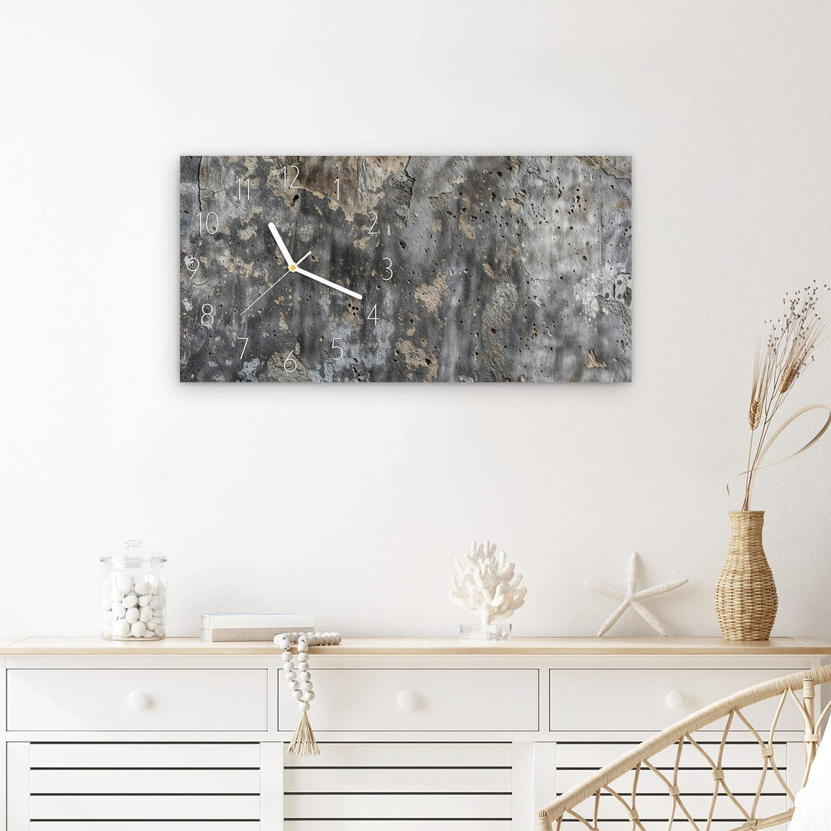 Wanduhr Raue Betonwand aus Glas – Querformat 60 × 30 cm – Raue Betonstruktur in Grau