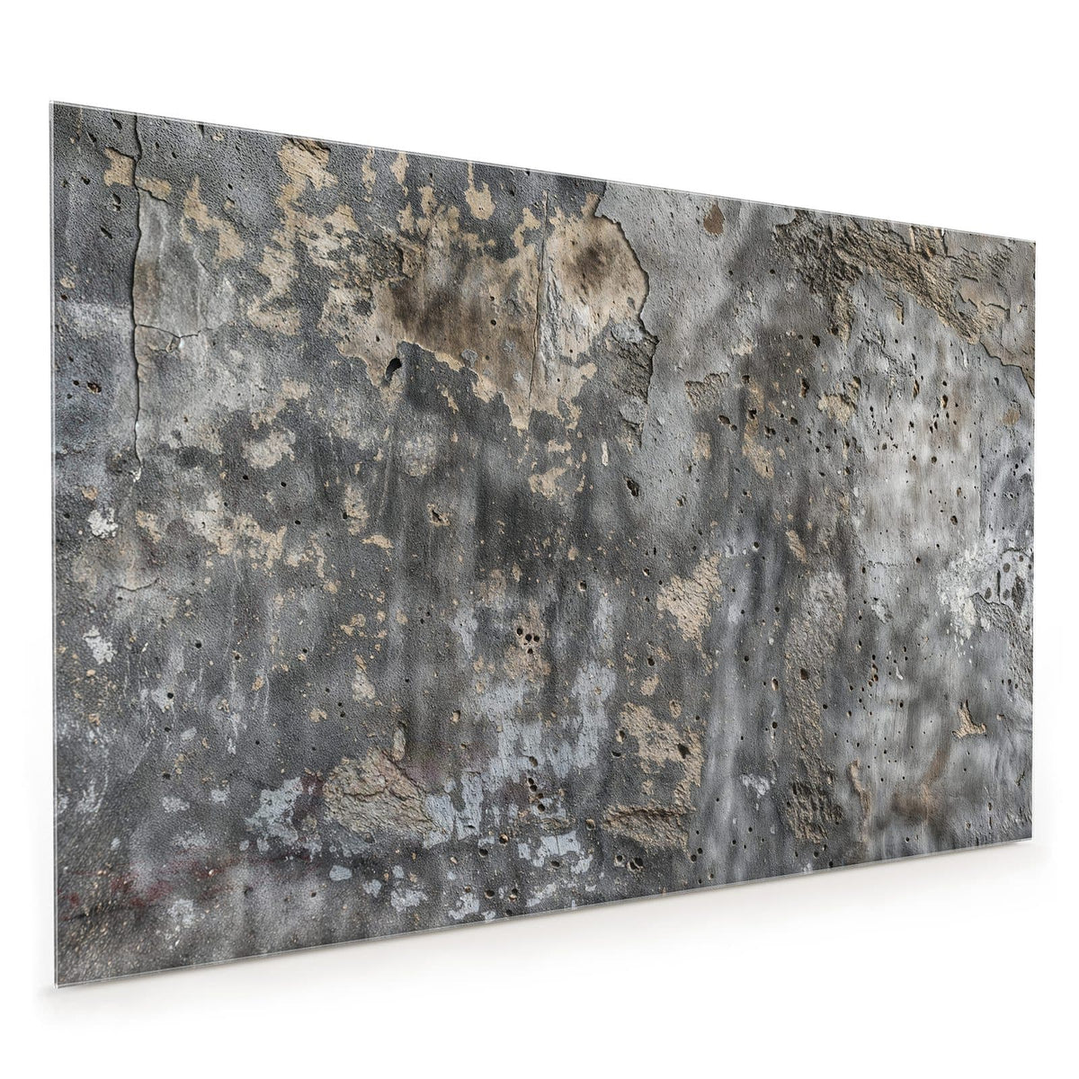 Küchenrückwand aus Glas im Hochformat mit Motiv Raue Betonwand: Verwitterter grauer Beton mit Poren, Lunkern und ockerfarbenen Ausbrüchen