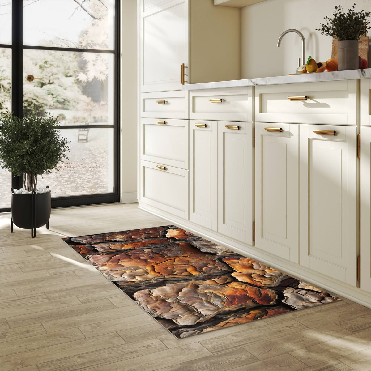 Langlebiger Küchenteppich mit Motiv Baumrindenstruktur in heller Küche