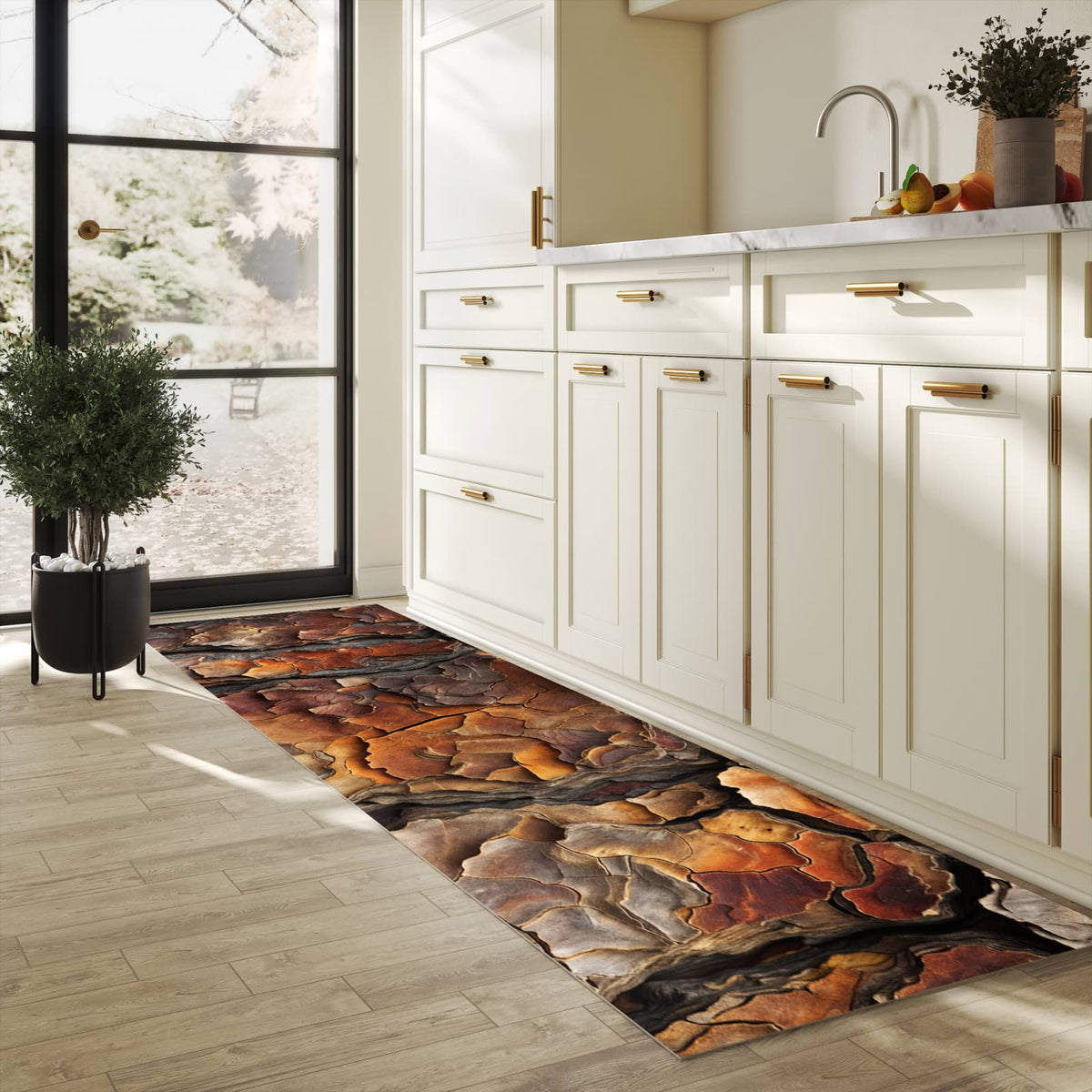 Waschbarer Bodenläufer Teppich mit Motiv Baumrindenstruktur in heller Küche