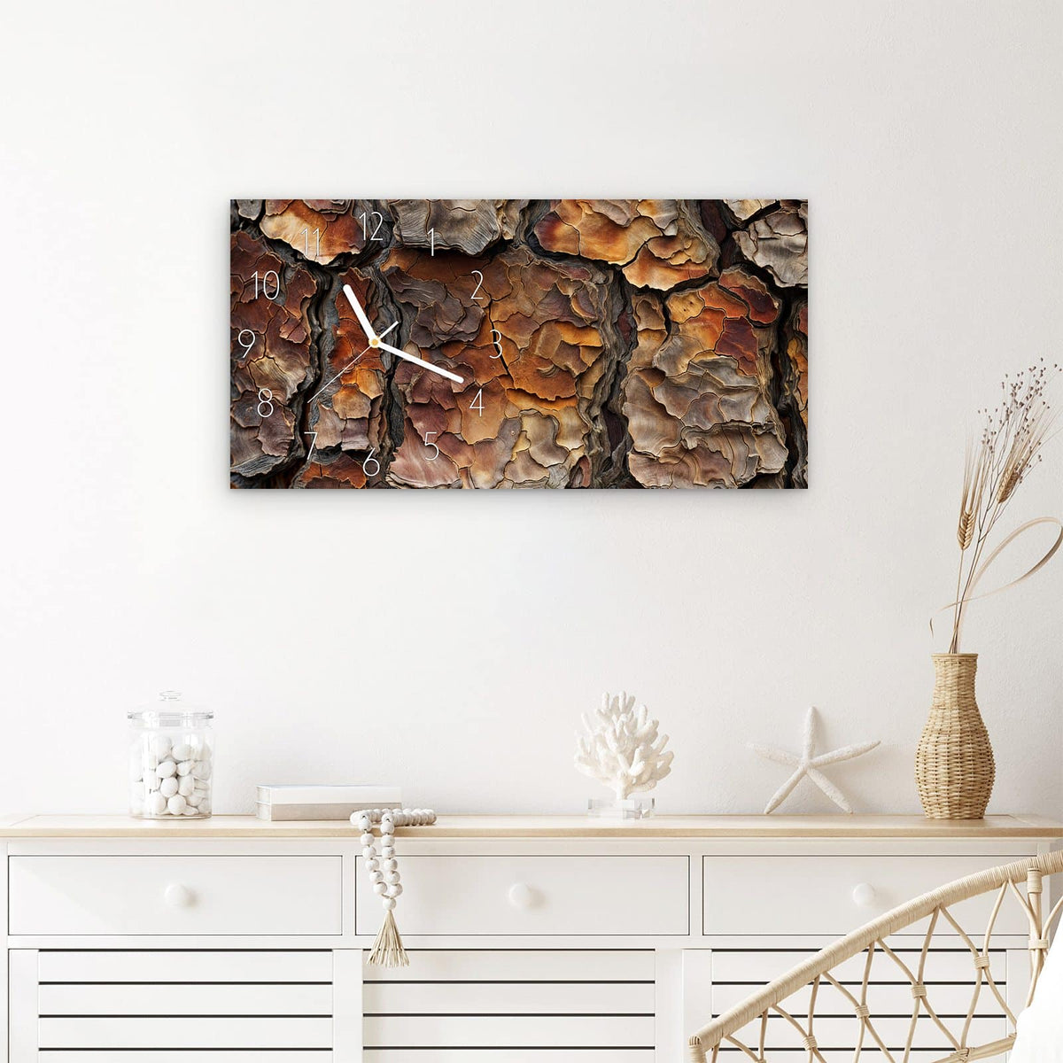 Wanduhr Baumrindenstruktur aus Glas – Querformat 60 × 30 cm – Schuppige Baumrinde in Rostorange