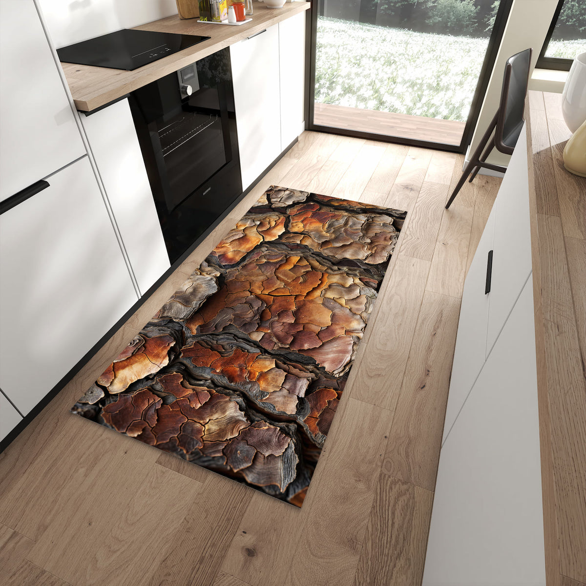 Geruchsneutraler Küchenteppich mit Motiv Baumrindenstruktur in moderner Küche
