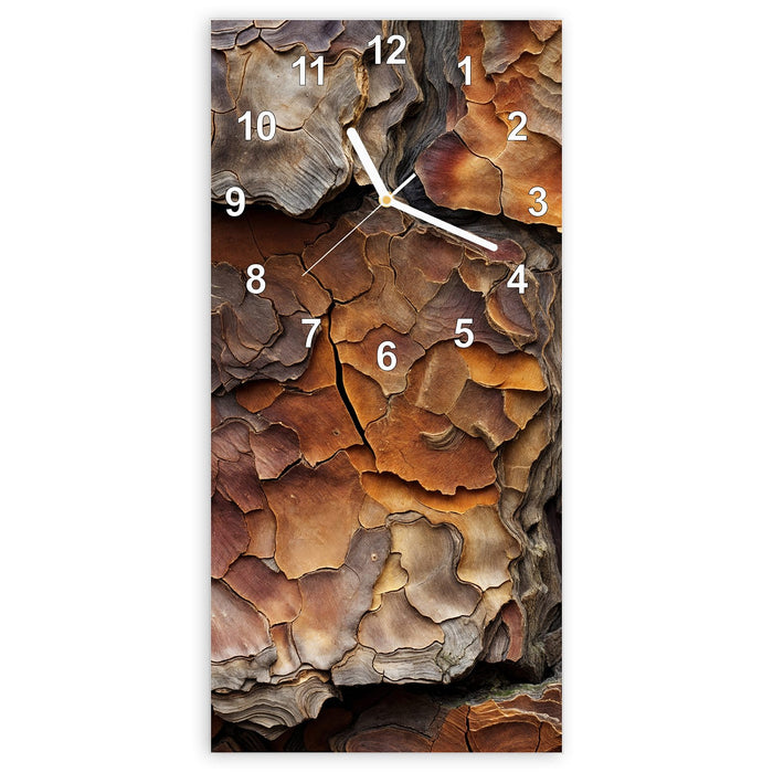 Wanduhr Baumrindenstruktur aus Glas – Hochformat 30 × 60 cm mit Ziffernblatt Modern
