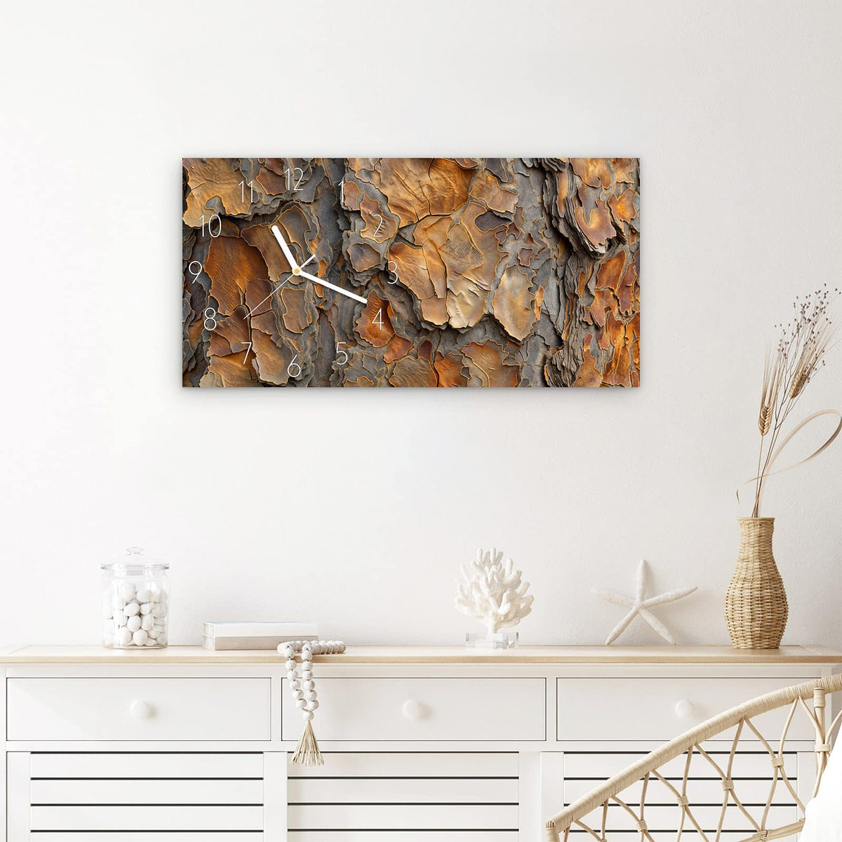 Wanduhr Rinde Struktur Formen aus Glas – Querformat 60 × 30 cm – Baumrinde in Braun und Grau