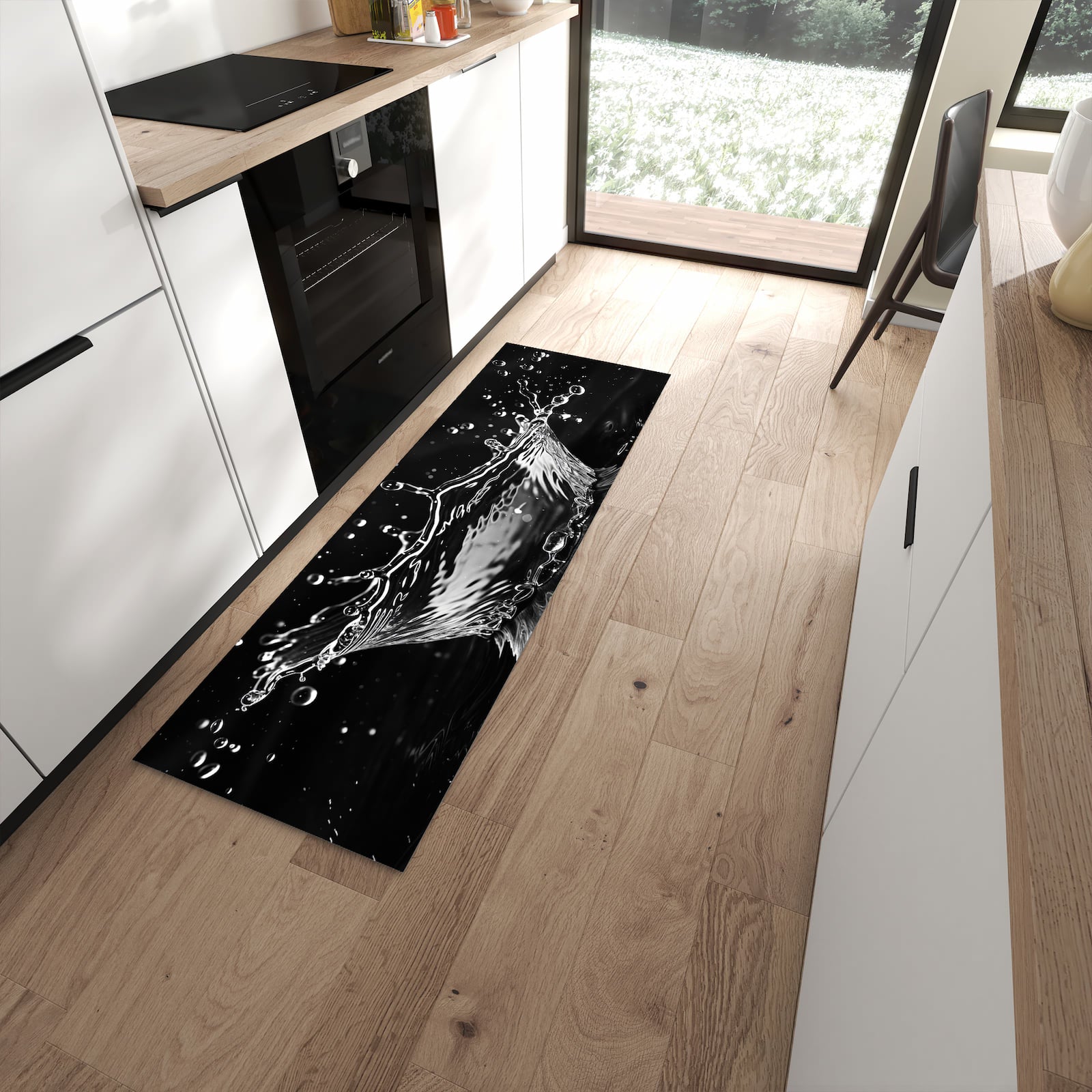 Geräuschdämpfender Läufer mit Motiv Sanfte Wasserspritzer für Eingangsbereich in moderner Küche