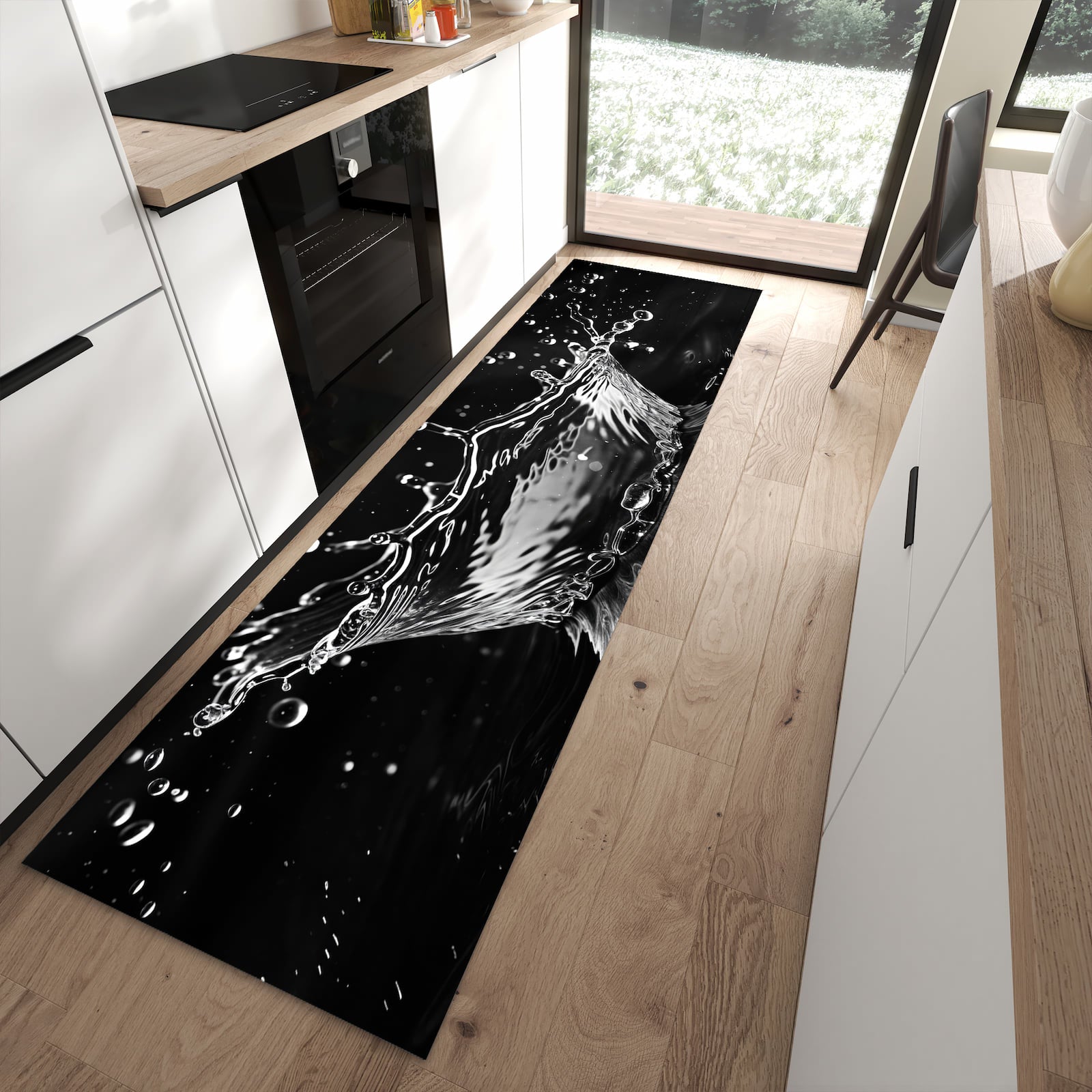 Geruchsneutraler rutschfester Küchenteppich mit Motiv Sanfte Wasserspritzer in moderner Küche