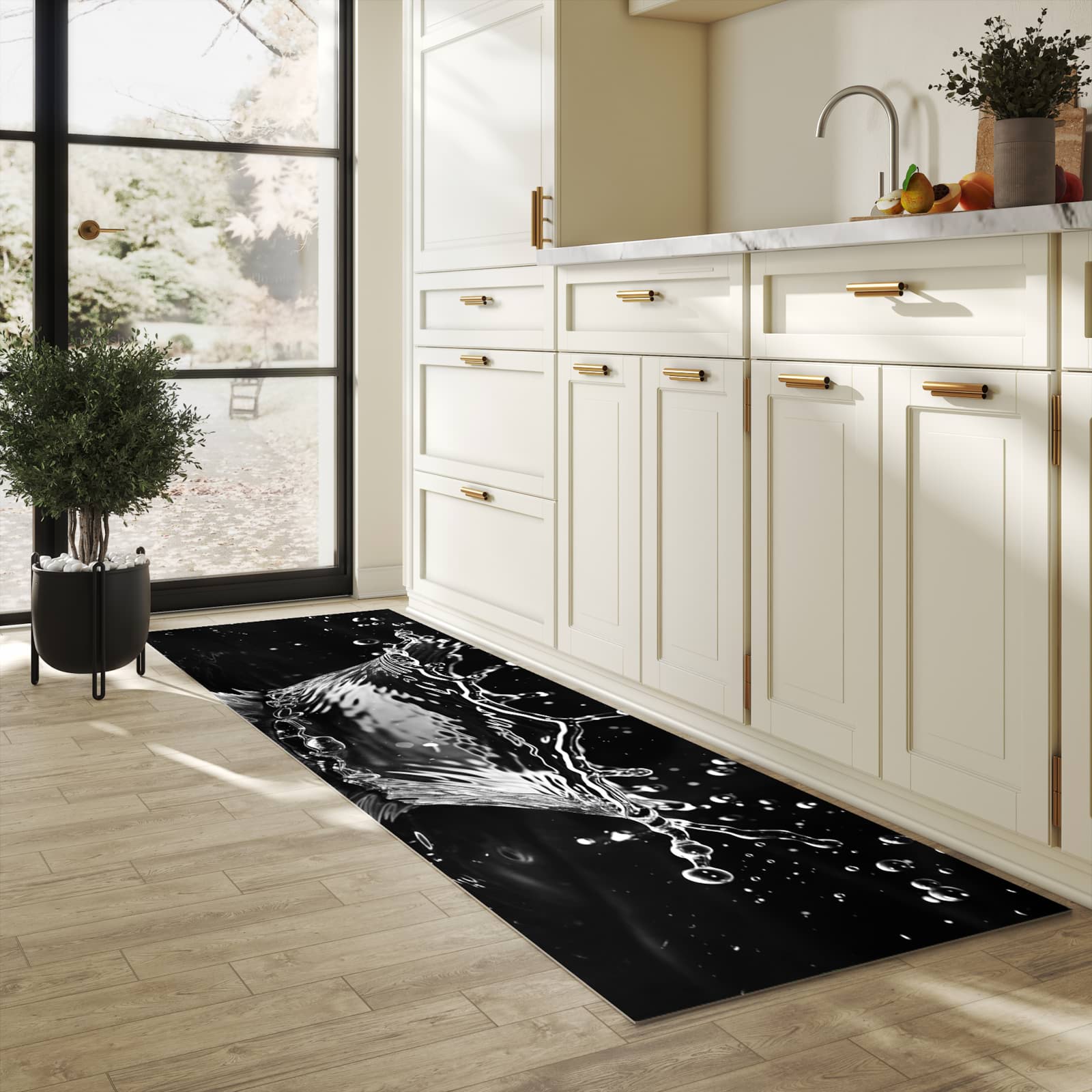 Langlebiger Küchenteppich mit Motiv Sanfte Wasserspritzer in heller Küche