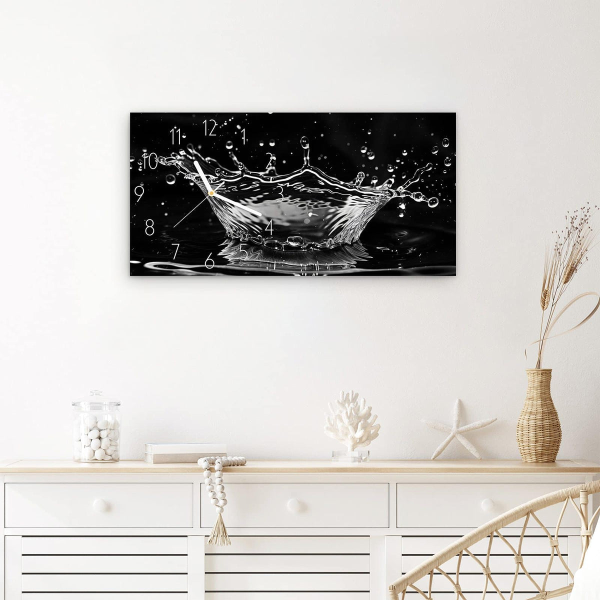 Wanduhr Sanfte Wasserspritzer aus Glas – Querformat 60 × 30 cm – Wassertropfen bildet Spritzkrone