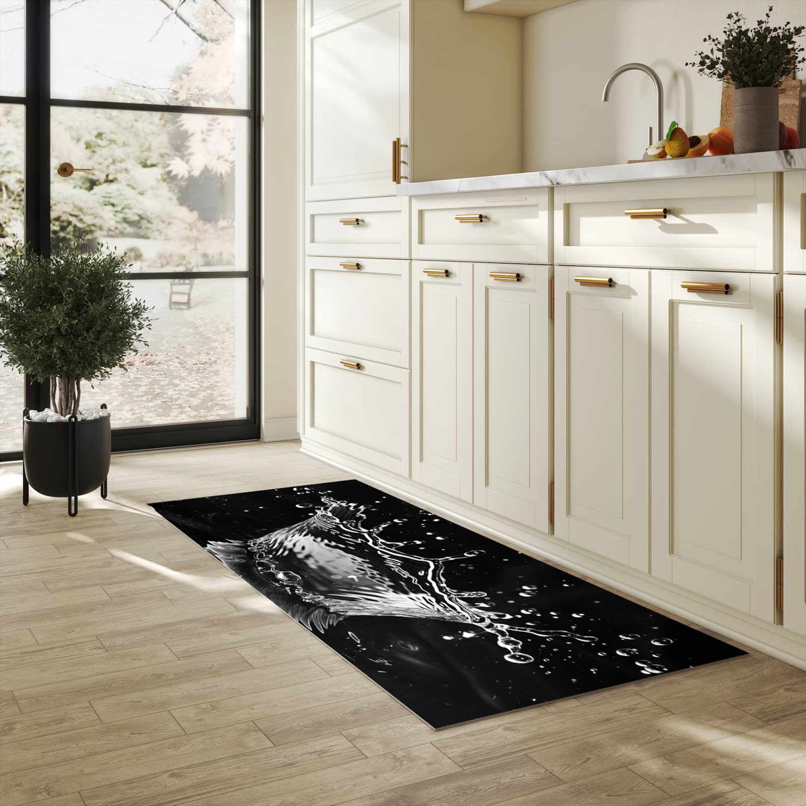 Strapazierfähiger Küchenteppich mit Motiv Sanfte Wasserspritzer in heller Küche