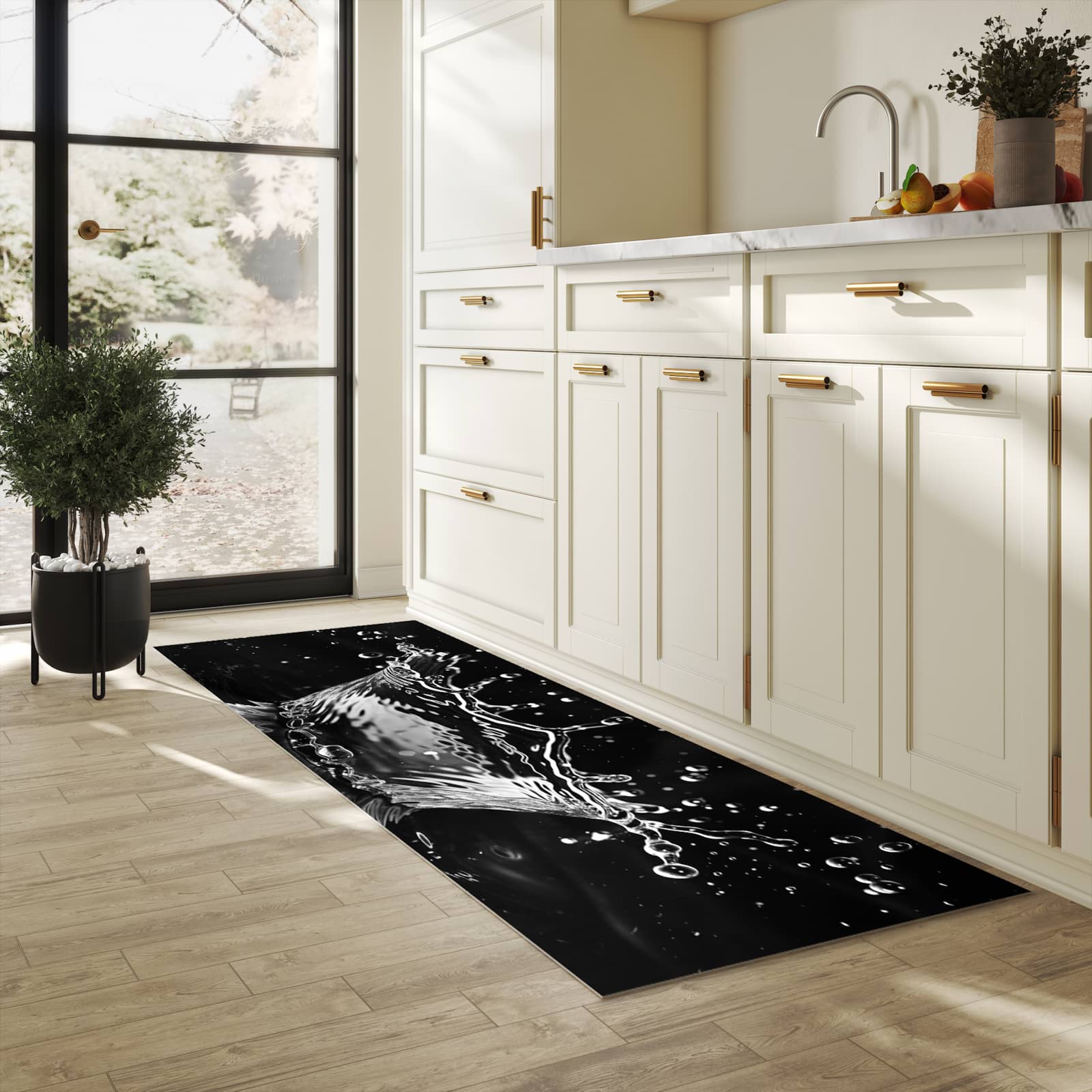 Waschbarer Küchenteppich mit Motiv Sanfte Wasserspritzer in heller Küche