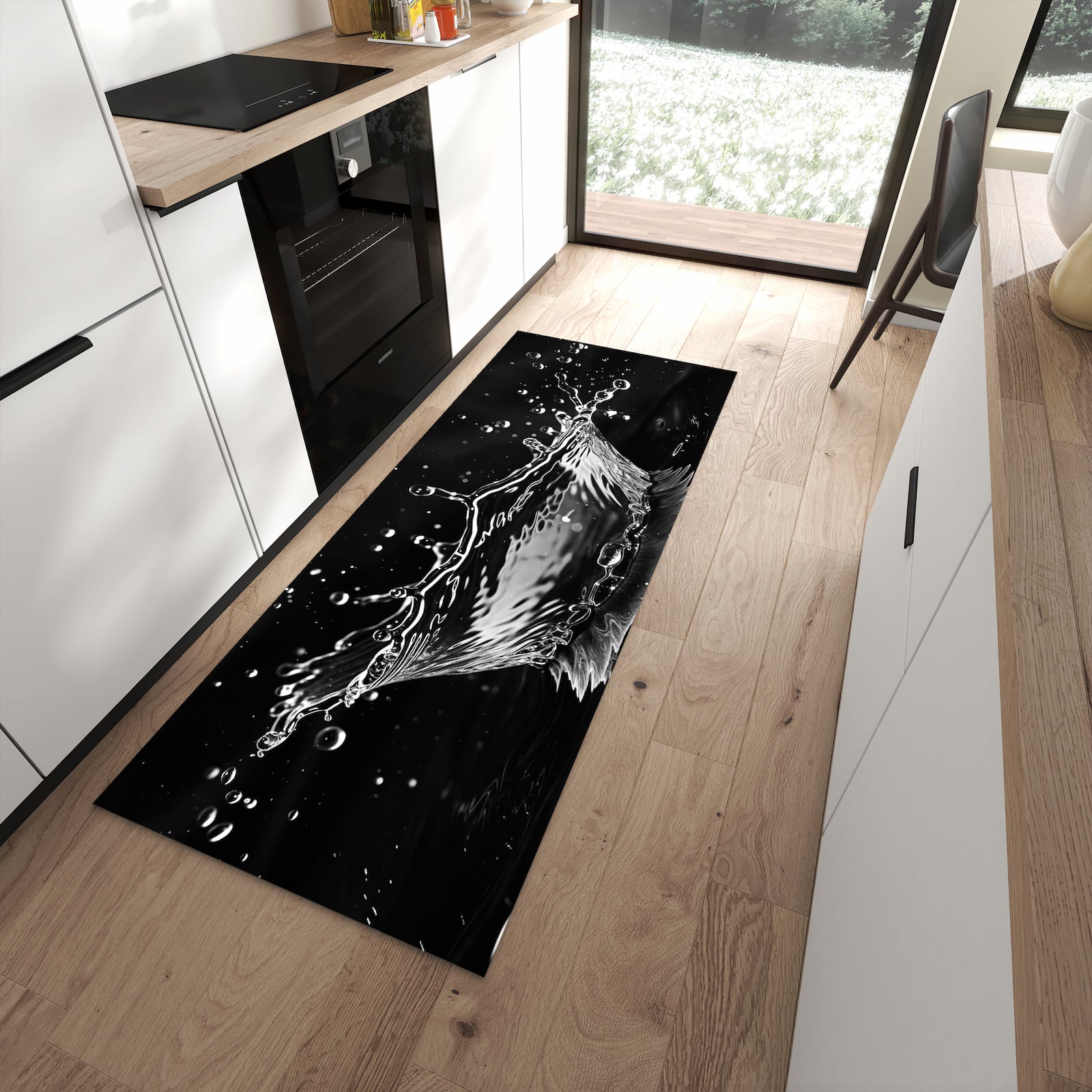 Fleckenresistenter waschbarer Teppich mit Motiv Sanfte Wasserspritzer in moderner Küche