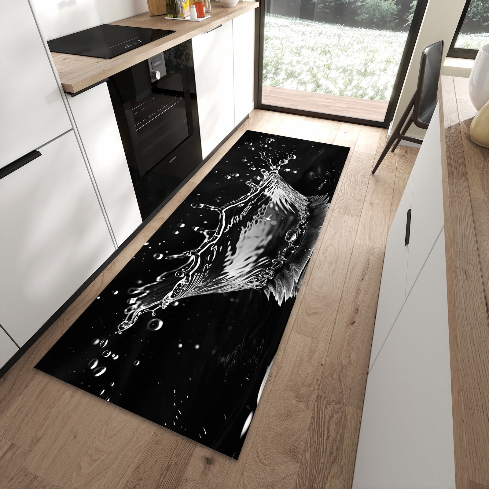 Pflegeleichter Küchenteppich mit Motiv Sanfte Wasserspritzer in moderner Küche
