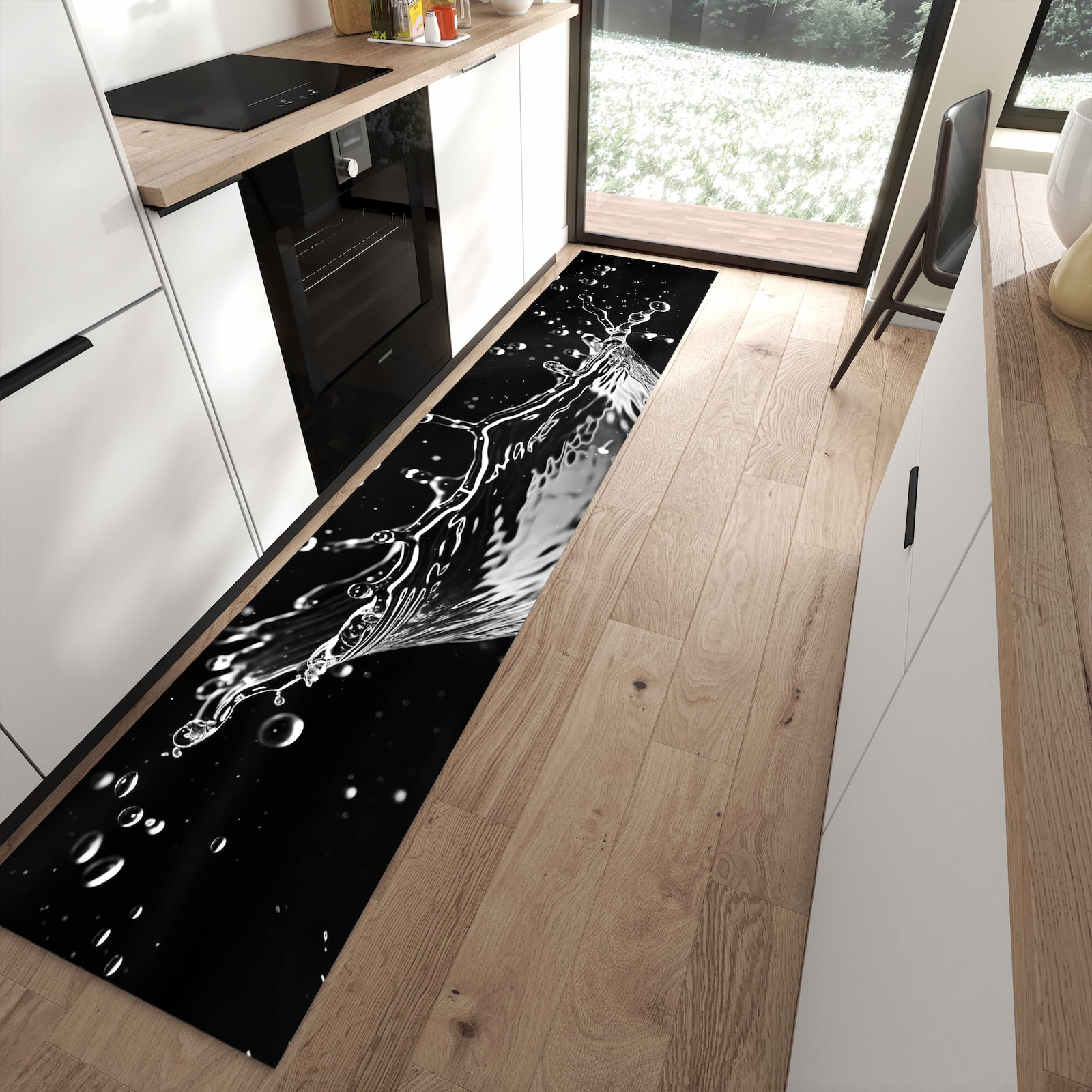 Rutschfester Küchenteppich mit Motiv Sanfte Wasserspritzer für Trittkomfort in moderner Küche