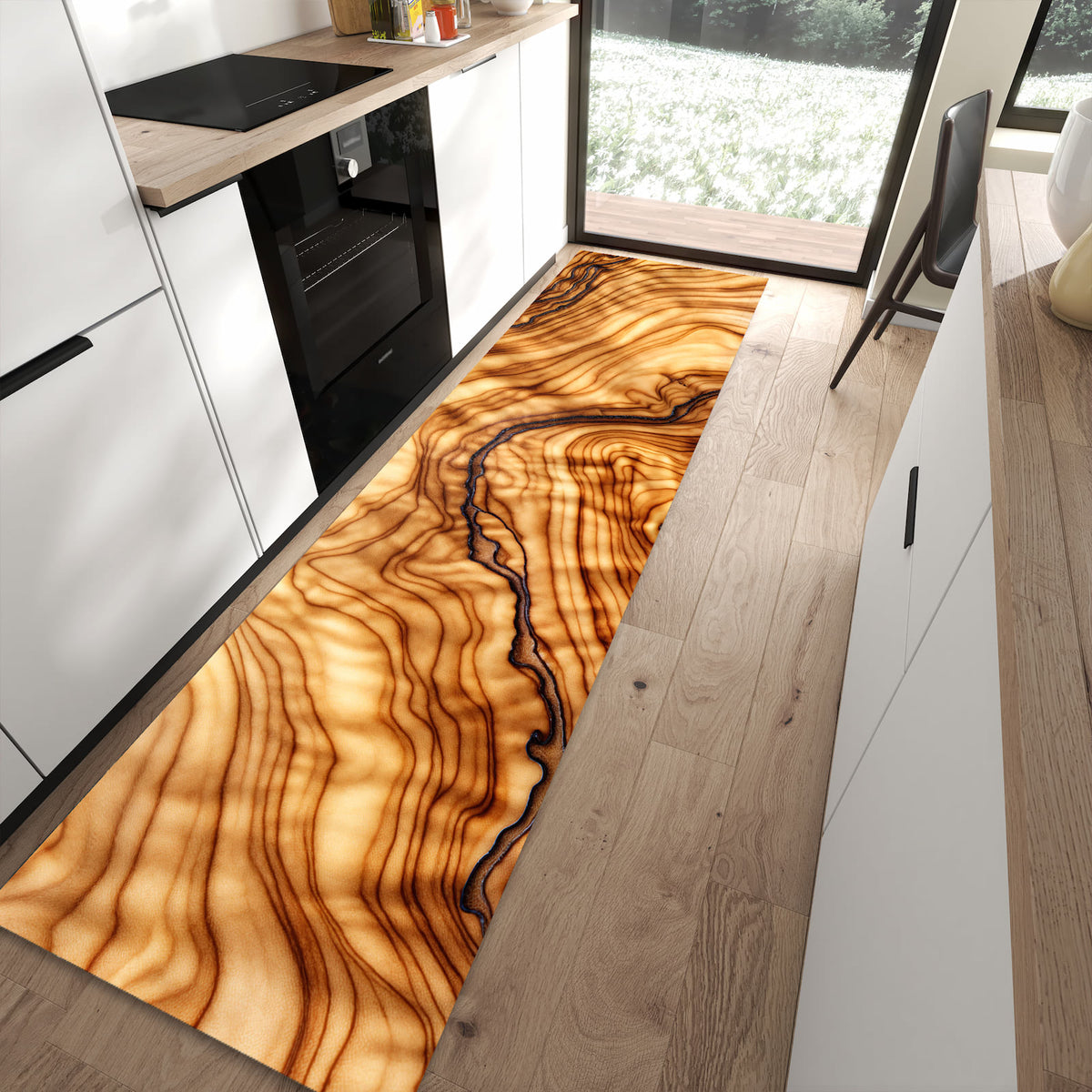 Pflegeleichter Teppich für Küche mit Motiv Holzmuster in moderner Küche