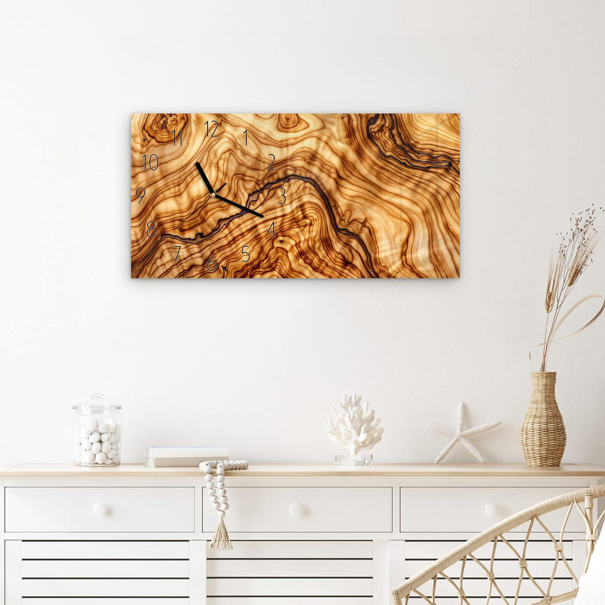 Wanduhr Rustikales Holz aus Glas – Querformat 60 × 30 cm – Wellige Maserung in Braun