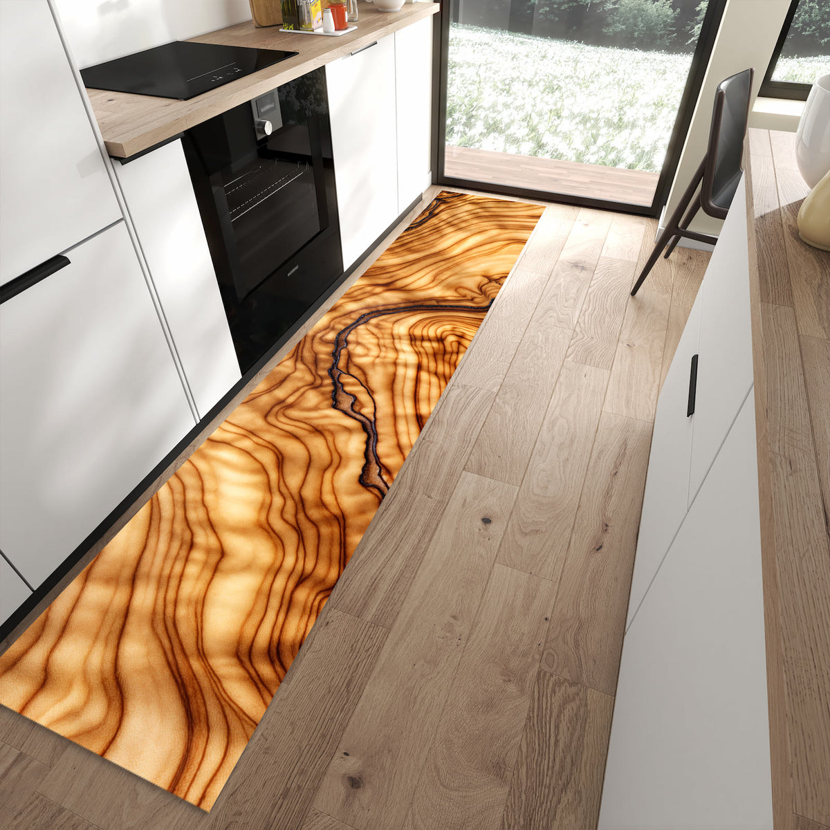 Fleckenresistenter moderner Küchenläufer mit Motiv Holzmuster in moderner Küche