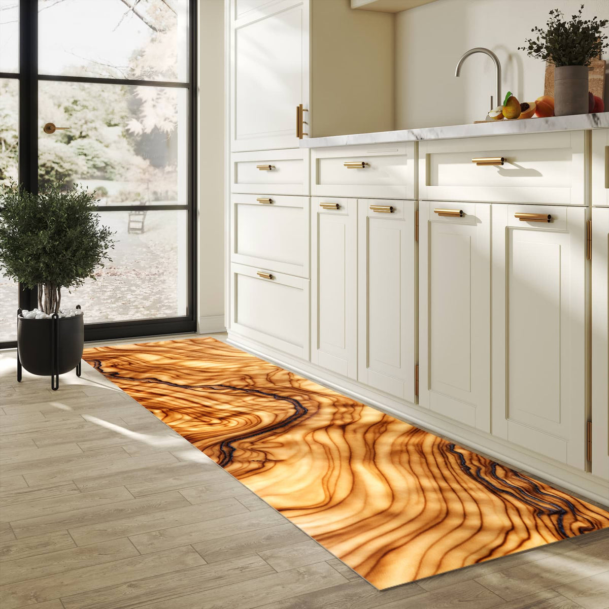 Bodenschonender Küchenteppich mit Motiv Holzmuster in heller Küche
