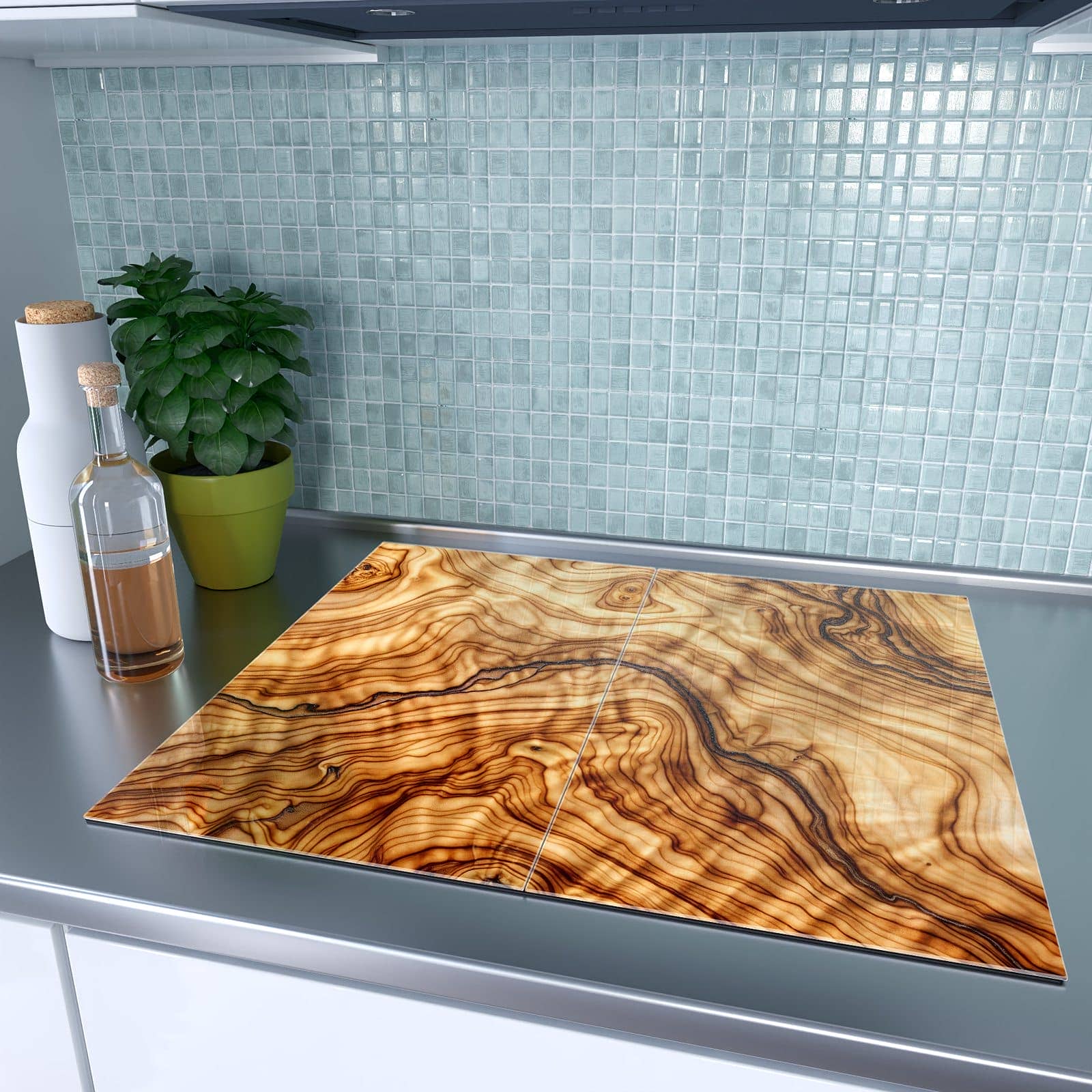 2-teilige Herdabdeckplatten aus Glas mit Rustikales Holz-Motiv auf dem Ceranfeld