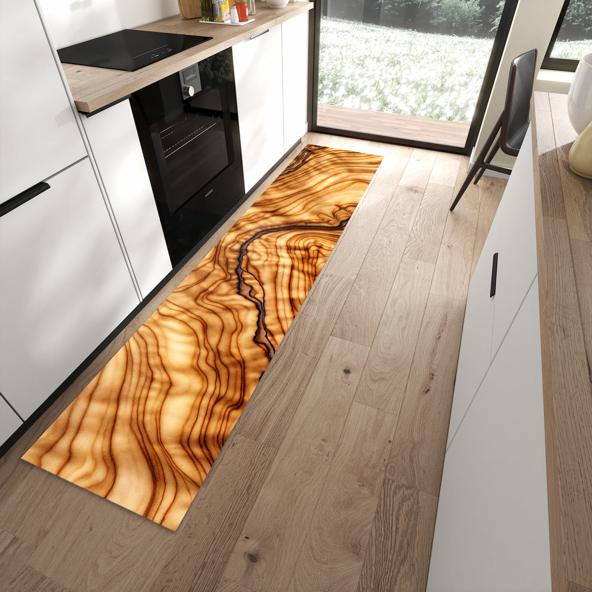 Wasserabweisender Küchenläufer mit Motiv Holzmuster in moderner Küche