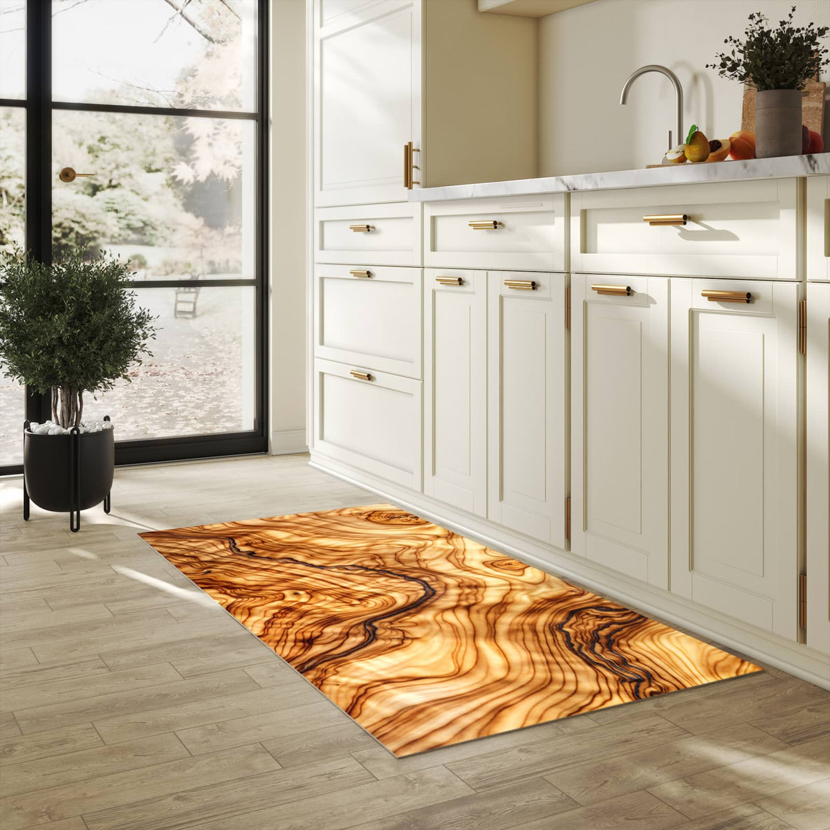 Küchenteppich mit Motiv Holzmuster für Ordnung & Übersicht in heller Küche
