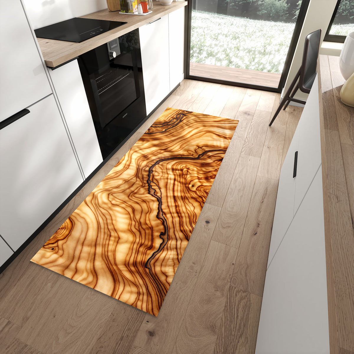 Geruchsneutraler abwaschbarer Küchenteppich mit Motiv Holzmuster in moderner Küche