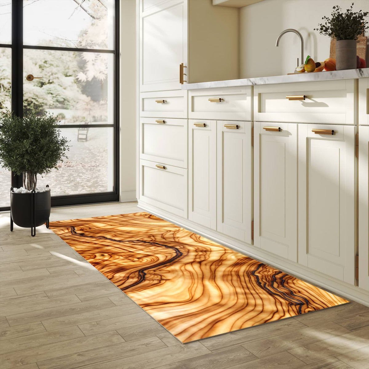 Bodenschonender rutschfester Küchenteppich mit Motiv Holzmuster in heller Küche