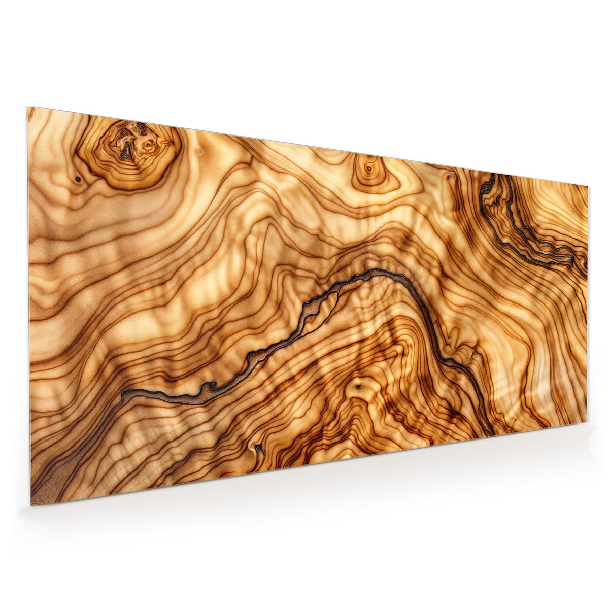 Küchenrückwand aus Glas im Hochformat: Helle, honigfarbene Maserung mit dunklen, scharf gezeichneten Adern - typische Olivenholz-Optik