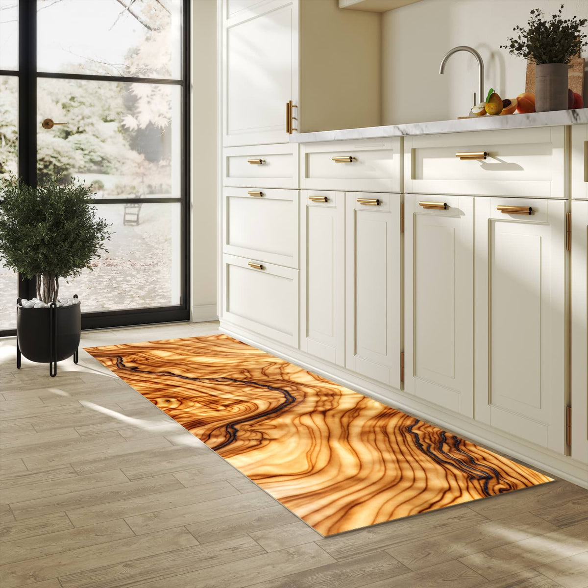 Rutschfester Bodenläufer-Teppich mit Motiv Holzmuster in heller Küche