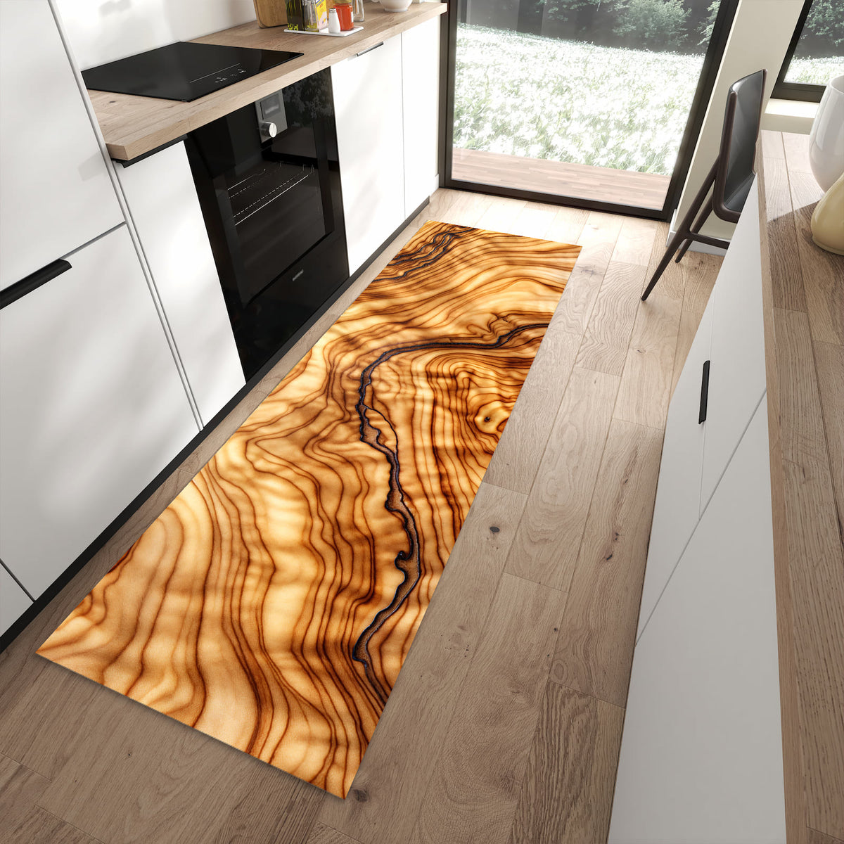 Langlebiger Küchenläufer mit Motiv Holzmuster in moderner Küche