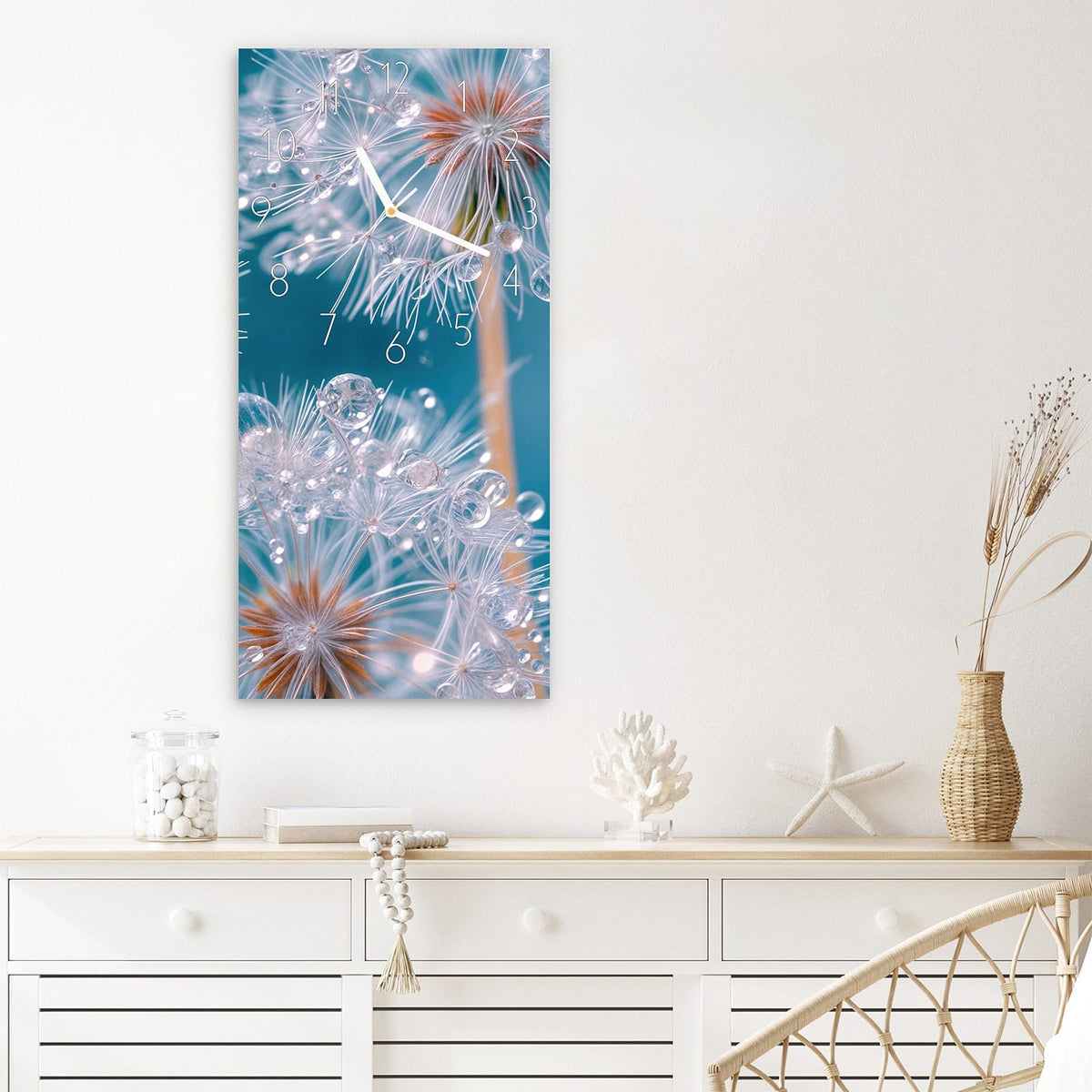 Wanduhr Wassertropfen Pusteblume aus Glas – Pusteblumen mit schimmernden Tropfen