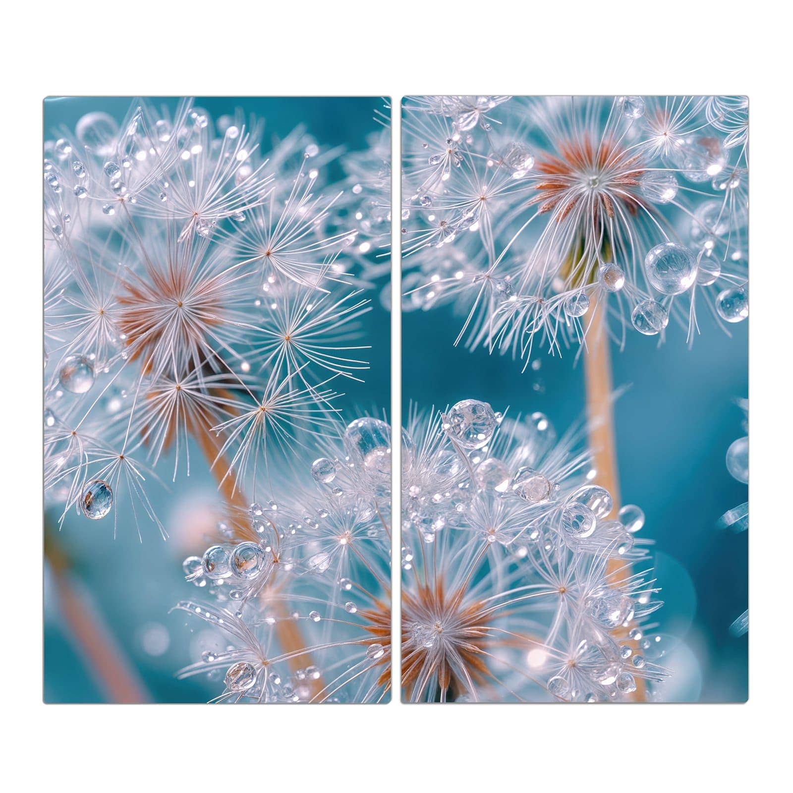2-teilige Herdabdeckung aus Glas mit Wassertropfen Pusteblume-Motiv in der Frontansicht #grösse_2-Teilig (60x52cm)