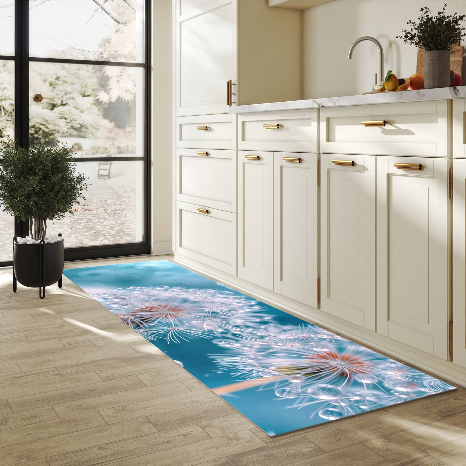 Küchenteppich mit Motiv Wassertropfen Pusteblume für Ordnung in heller Küche