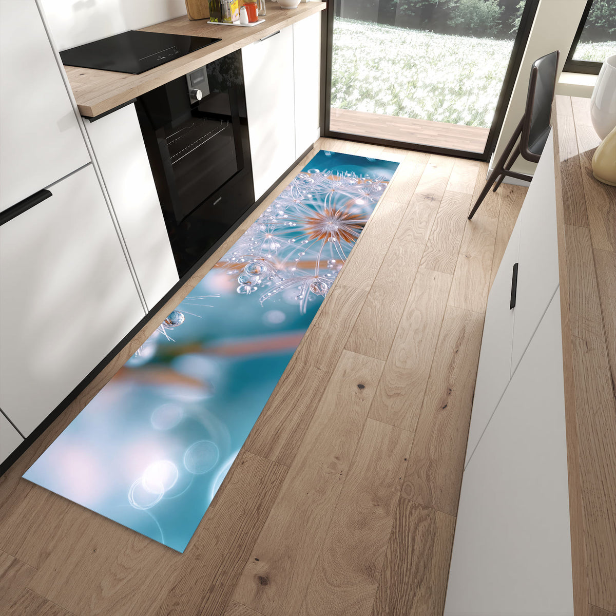 Wasserabweisender Teppich für die Küche mit Motiv Wassertropfen Pusteblume in moderner Küche