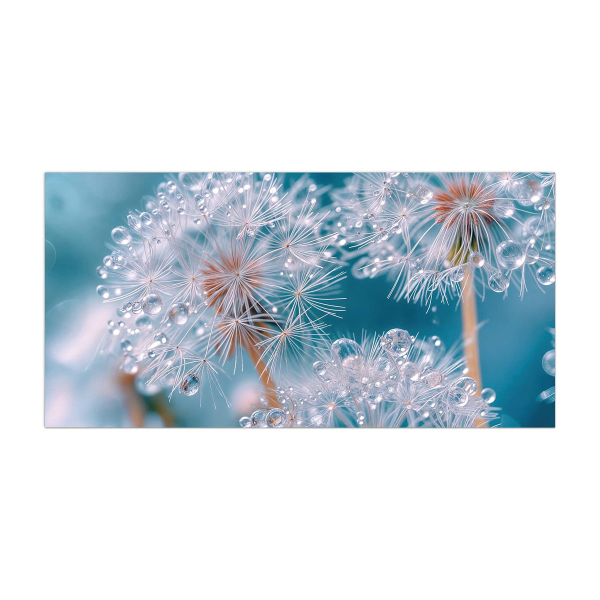 Küchenrückwand aus Glas Pusteblumen mit Tropfen im Hochformat, Motiv bildfüllend von vorn