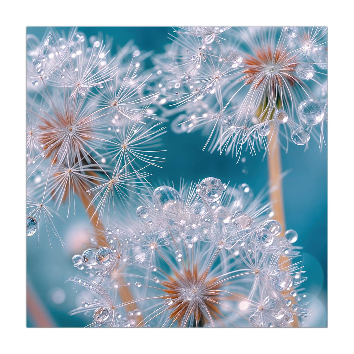 Küchenrückwand aus Glas Pusteblumen mit Tropfen im quadratischen Format, Motiv bildfüllend von vorn