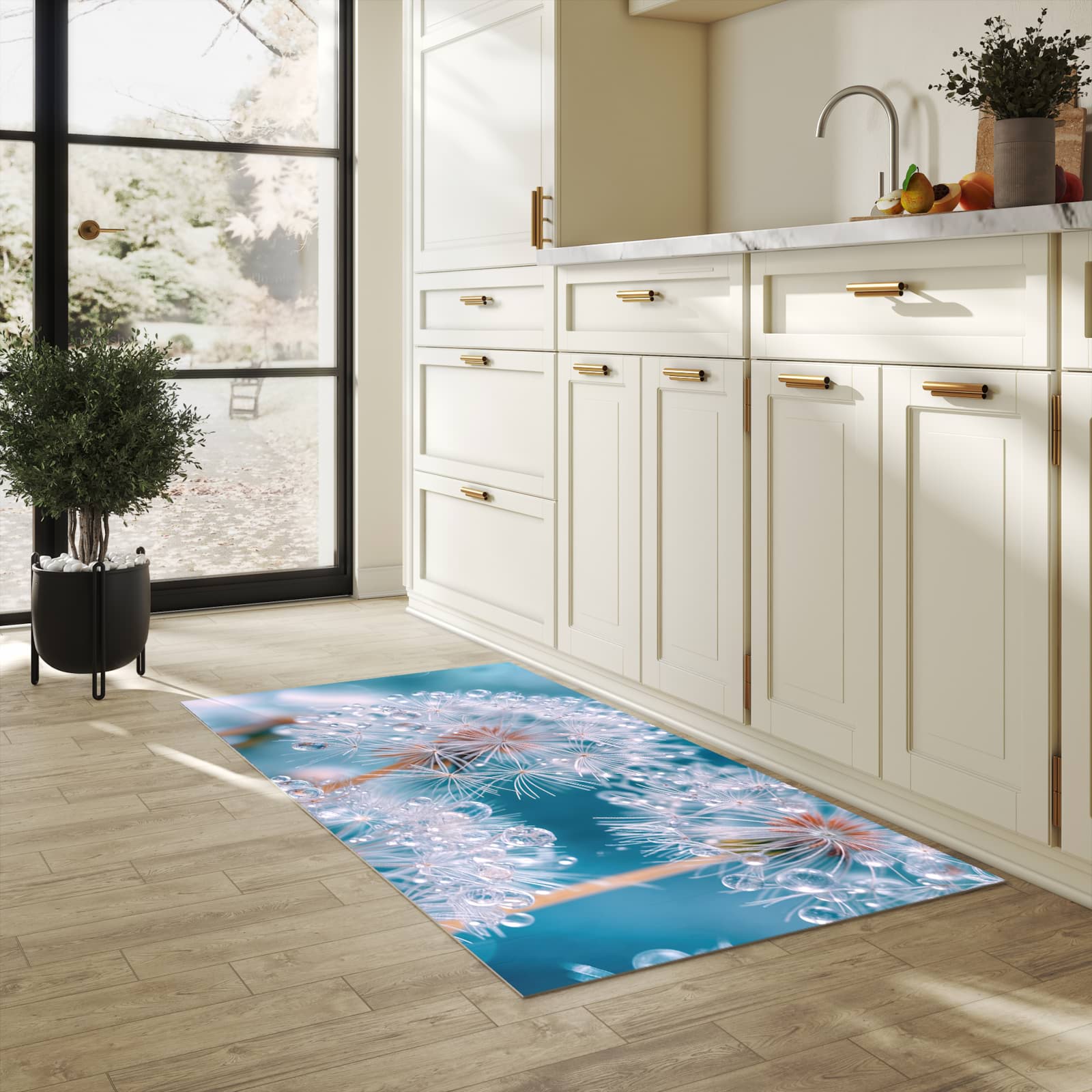 Farbbeständiger Küchenteppich mit Motiv Wassertropfen Pusteblume in heller Küche