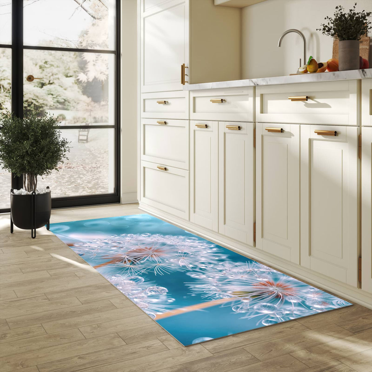 Formstabiler Küchenteppich mit Motiv Wassertropfen Pusteblume in heller Küche