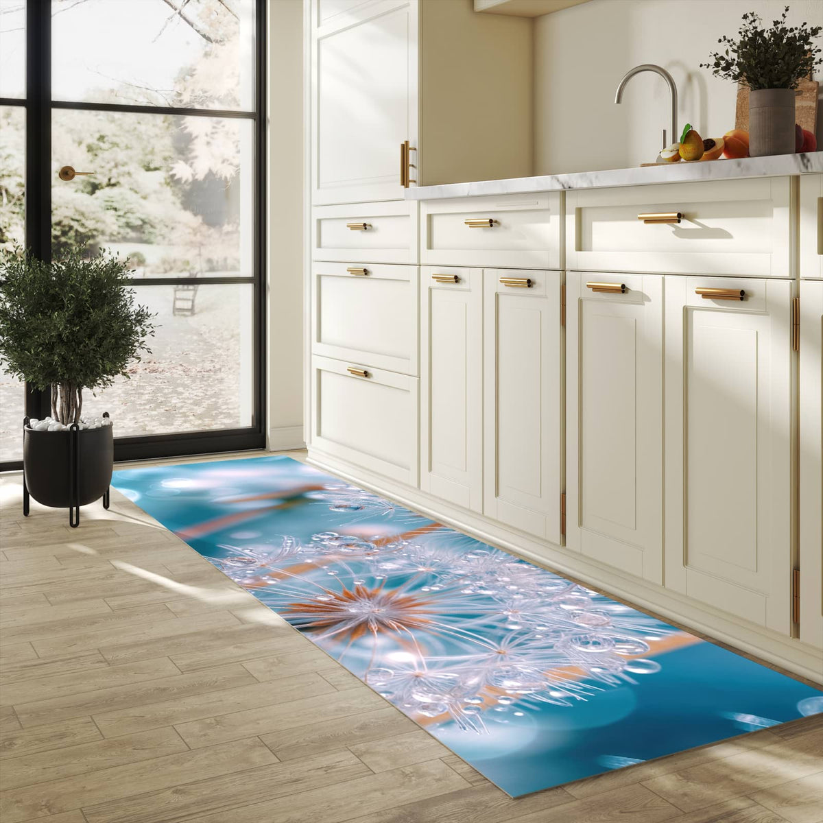 Bodenschonender Küchenteppich mit Motiv Wassertropfen Pusteblume in heller Küche