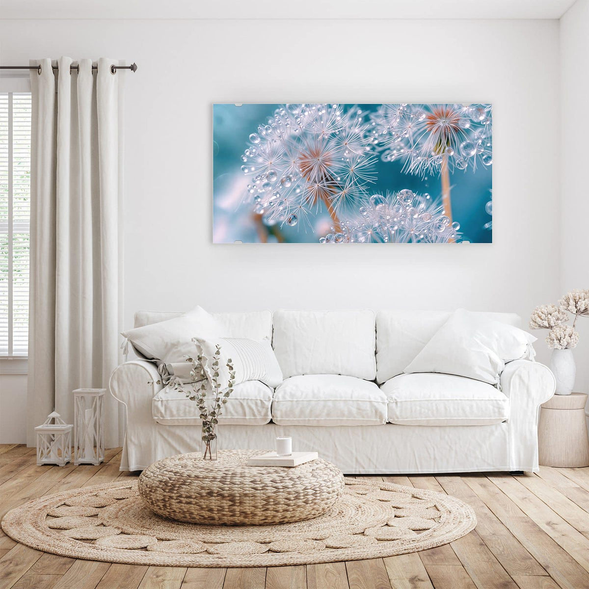 Wandbild - Pusteblumen mit Tropfen - Querformat – Pusteblumen mit schimmernden Tropfen